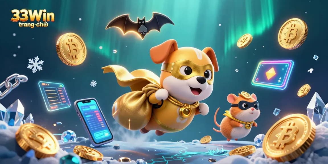 Engage with the thrilling 33Win trang chủ experience featuring a superhero dog amidst vibrant casino symbols and crypto elements.