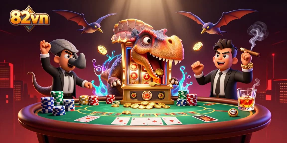 Experience thrilling wins at 82vn with cartoon dinosaurs in a vibrant casino scene.