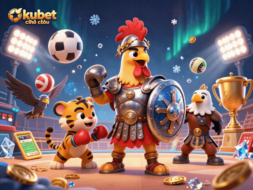 Engage in thrilling bets with kubet chính thức at this dynamic 3D arena illustration featuring gladiators.