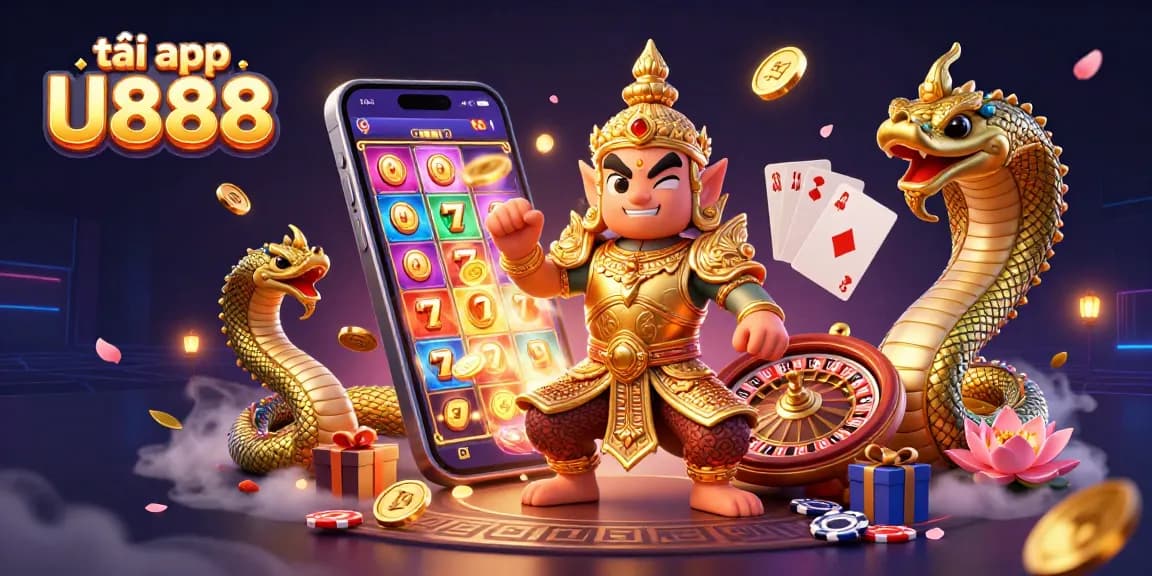 Tải app U888 to explore vibrant 3D casino scene with guardians and slot games.