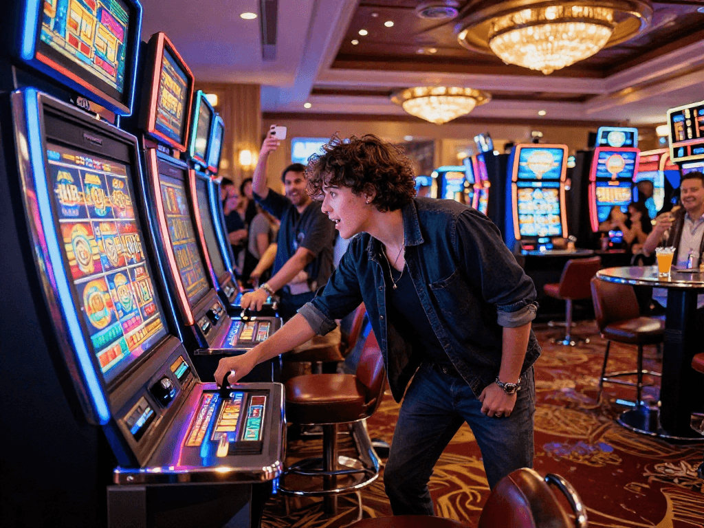 Exciting slot gaming moment with vibrant machine, player engaged, friends cheering in a lively casino atmosphere.