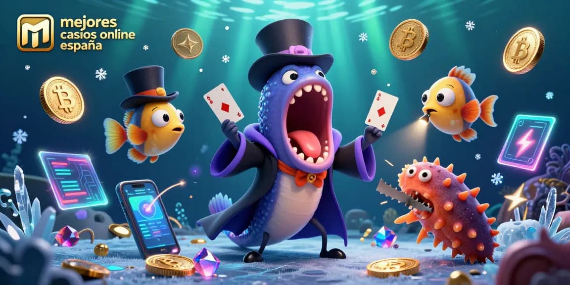 Los mejores casinos online en España: el anguila y el pez borrón realizan trucos de magia con elementos de juego en un fondo vibrante.