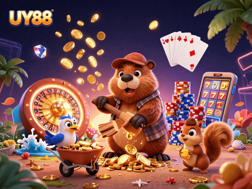 Experience the excitement of UY88 as a beaver gathers golden coins in a vibrant casino scene.