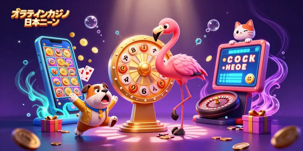 オンラインカジノ 日本語の楽しさを伝える、スロットやゲーム要素に満ちたカラフルなイラスト