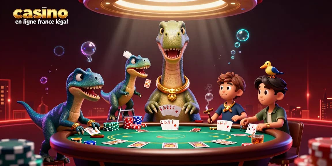 Profitez du meilleur des jeux de casino en ligne France légal avec un brontosaure géant et un raptor dealer.
