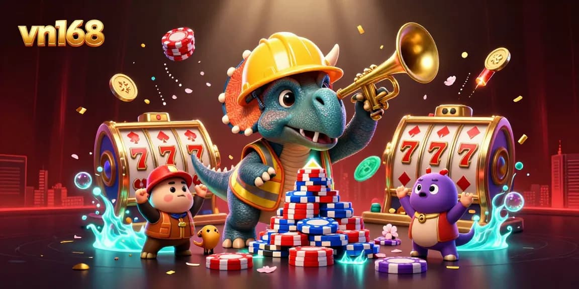 Engage in exciting gameplay at vn168 with vibrant poker chips and characters celebrating victories.