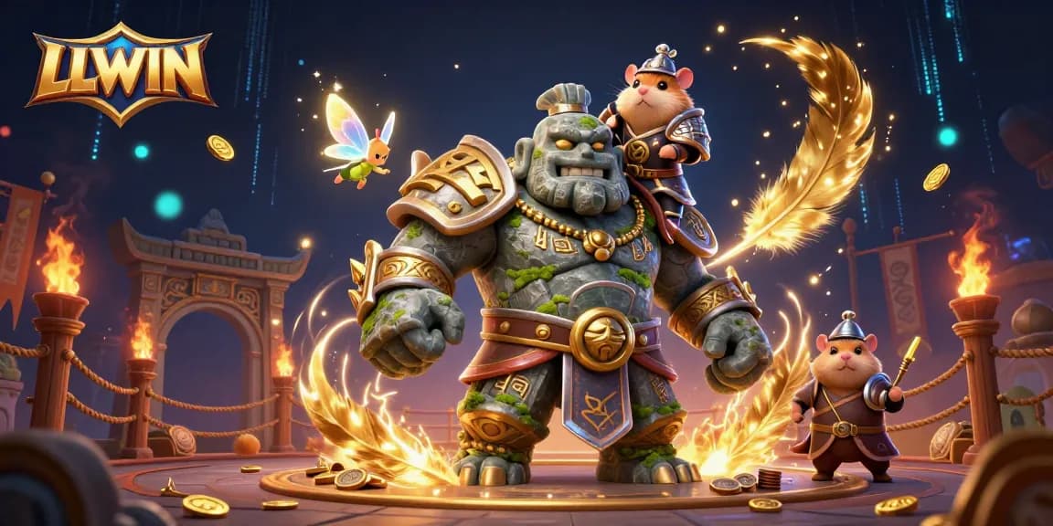 Join LLWIN's epic adventure with the golem guardian and hamster knight in this vibrant casino scene.