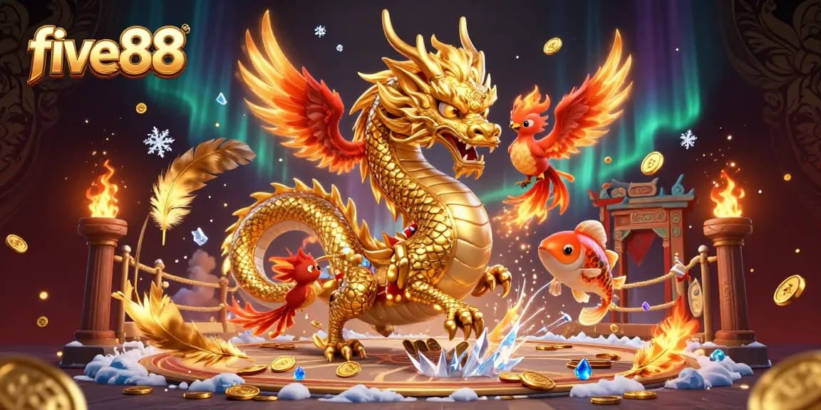 Experience the thrill of five88 with a mystical dragon, phoenix, and koi fish celebrating in a vibrant casino scene.