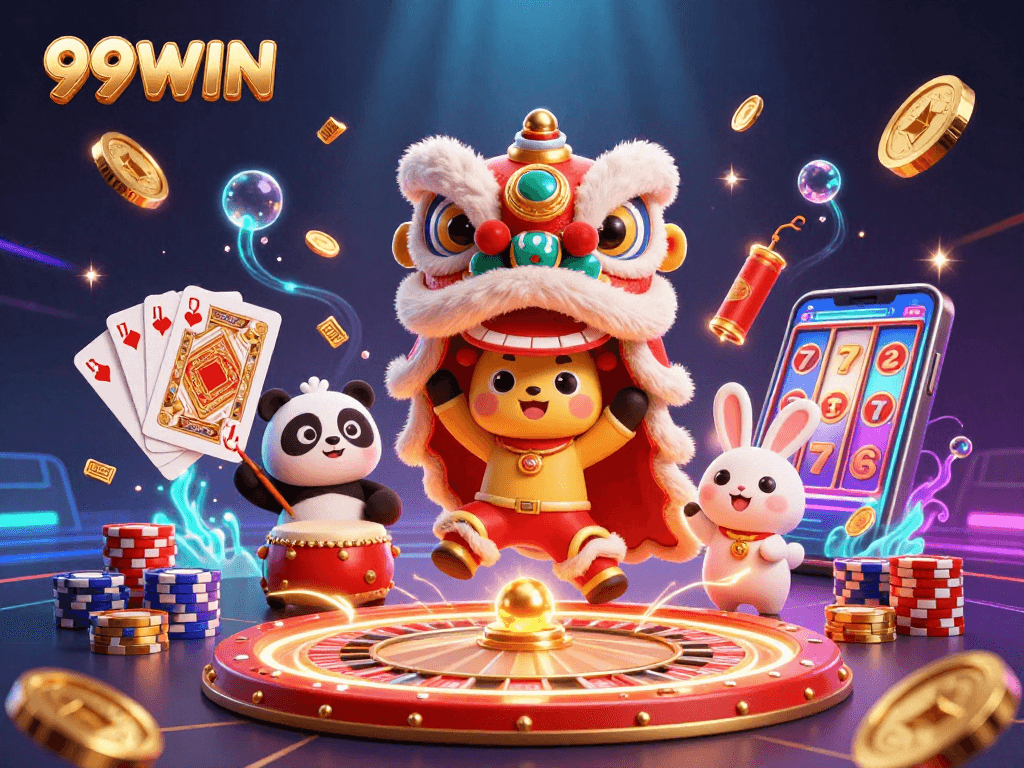 Experience the excitement of 99WIN with vibrant characters and dynamic casino elements in this 3D illustration.