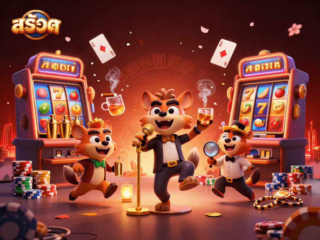 Slot machines and hyenas embody comedy and fun at the casino in this colorful 3D illustration of สล็อต.