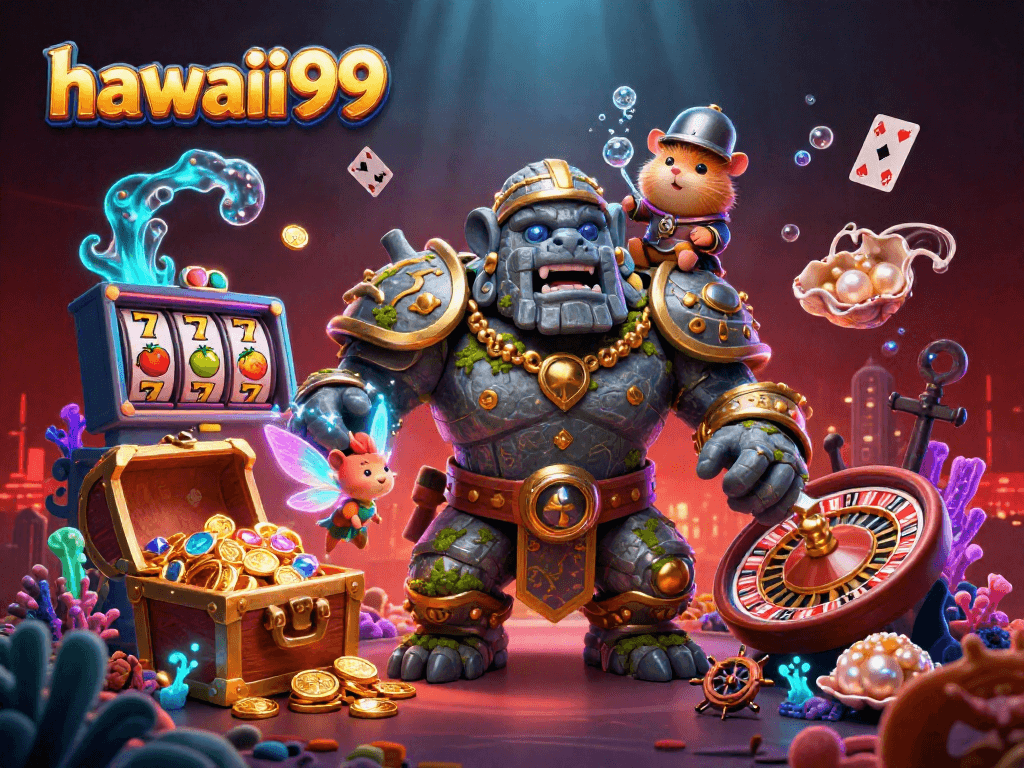 Engage with the hawaii99 experience through a vibrant 3D casino illustration bursting with energy.