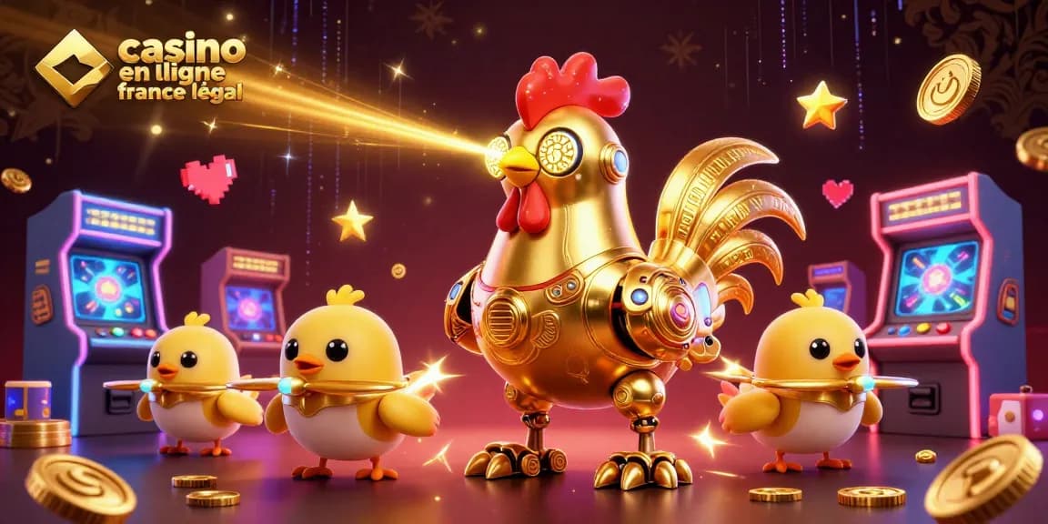 Casino en ligne France légal : illustration dynamique avec un coq robot et des drones, entourés de machines de jeu colorées.