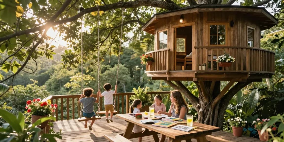 Family enjoying treehouses lifestyle with games and nature.