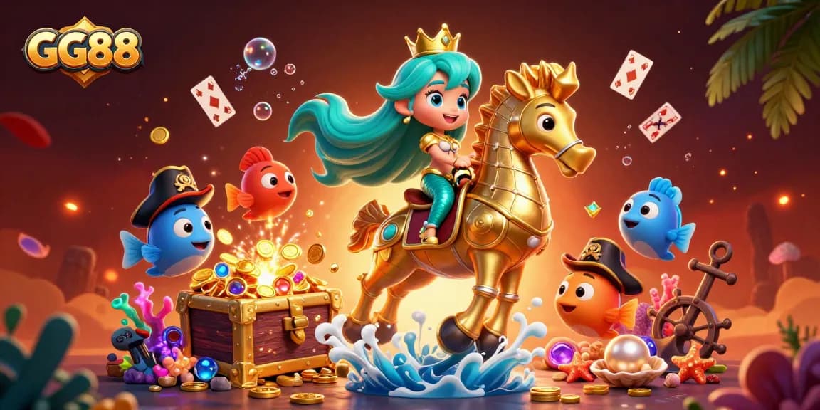 Engage with GG88's immersive underwater casino experience featuring vibrant characters and dynamic game elements.