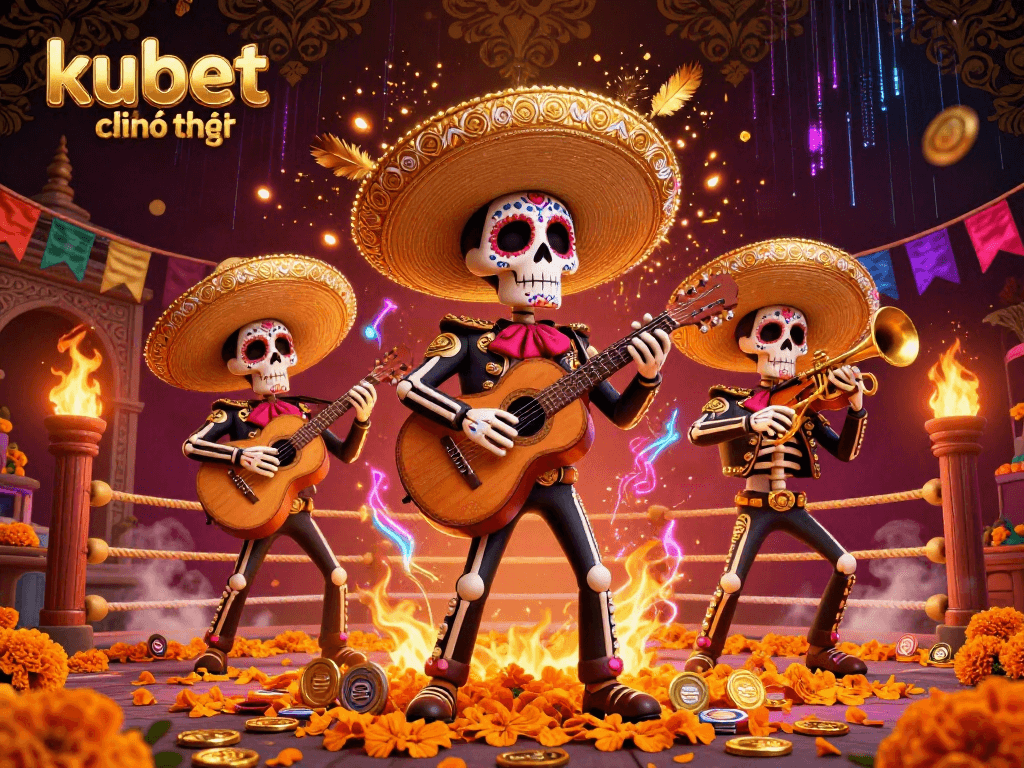 Engage with kubet chính thức through this vibrant 3D cartoon illustration of a mariachi band celebrating in a festive casino atmosphere.