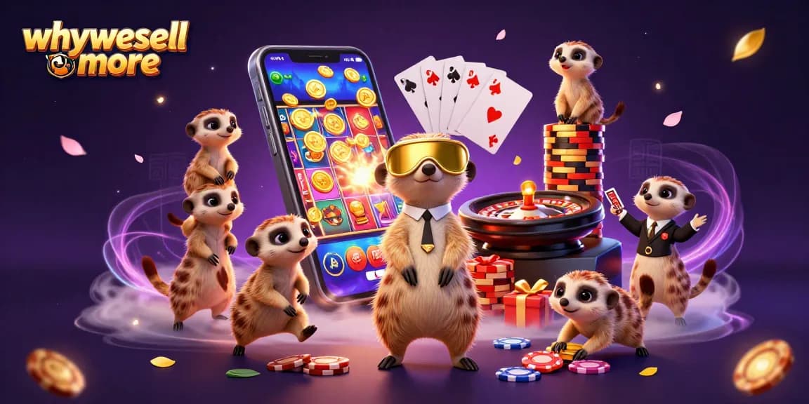 Permainan kasino yang mengasyikkan dengan meerkat di atas, tema whywesellmore yang penuh warna.