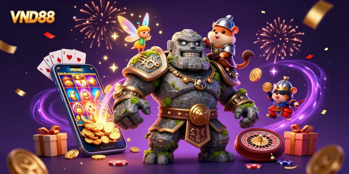 Experience the thrill with VND88's vibrant 3D casino illustration featuring magical characters and dynamic gaming elements.