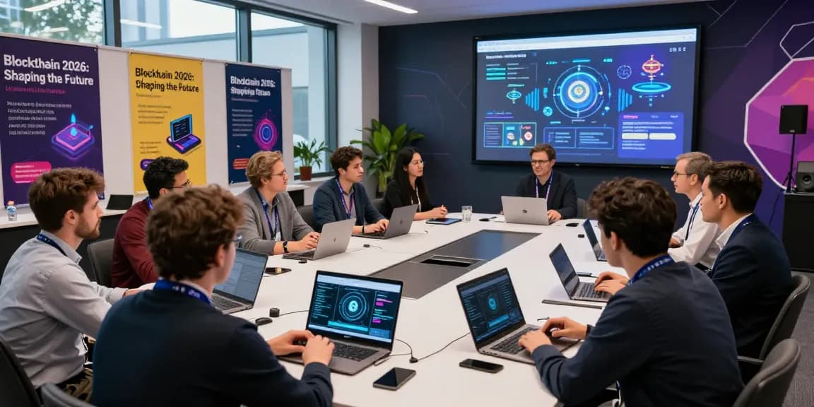Dynamic blockchain conference scene showcasing professionals discussing innovations for blockchain 2026 with digital displays.