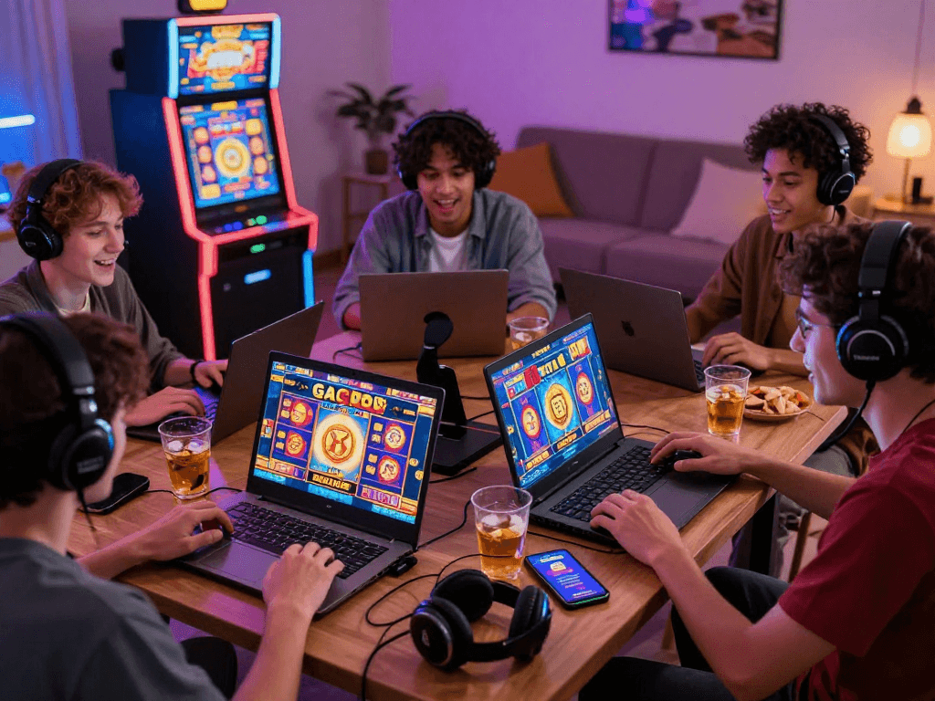 Engaging scene of players enjoying gacor slot games on laptops and smartphones in a lively home setting.