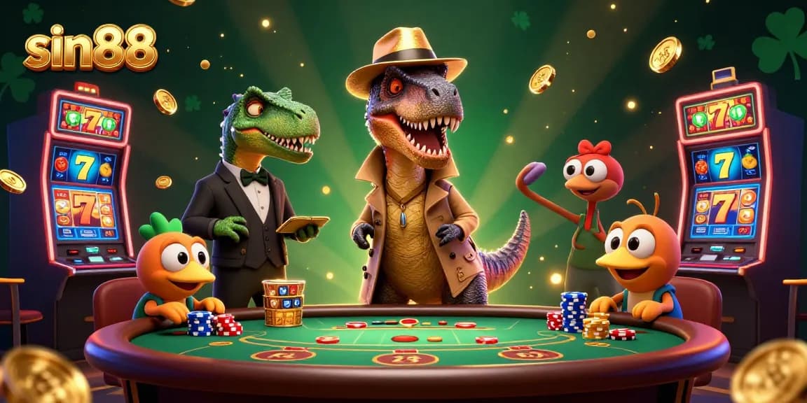 Experience thrilling action at sin88 with a velociraptor card counter and a stegosaurus pit boss in a lively casino scene.