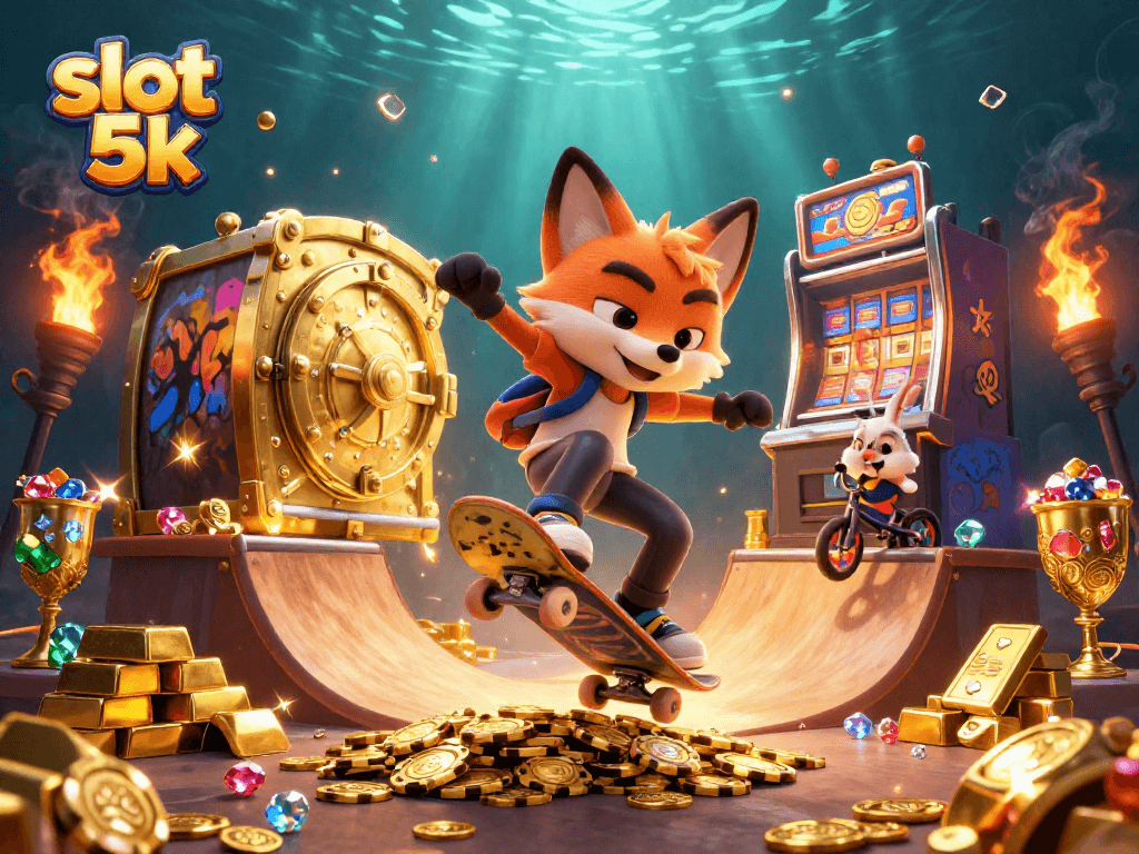 Experience thrilling slots with slot 5k featuring vibrant casino-themed characters and gold elements.