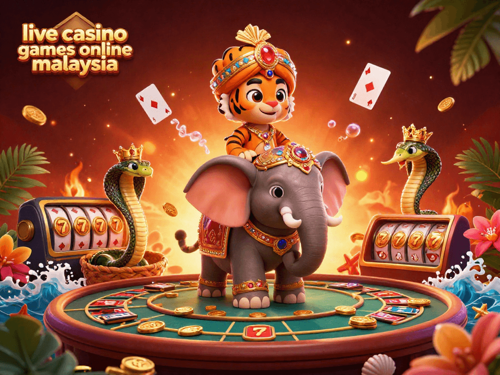 Engage with live casino games online malaysia featuring an exotic scene of a maharaja tiger, golden jewels, and vibrant casino elements.