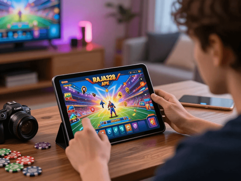 Engaged user playing RAJA328 APK on a tablet surrounded by gaming elements