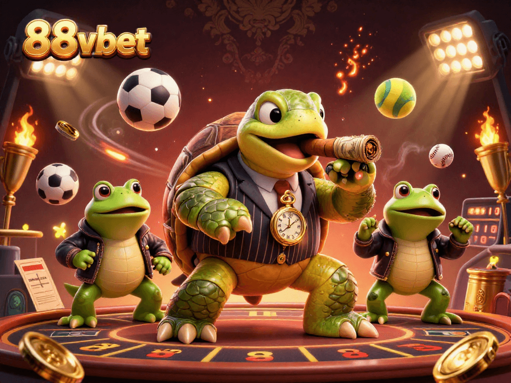 Get ready to win big with 88vbet's vibrant casino scene featuring a mobster turtle and frog enforcers.