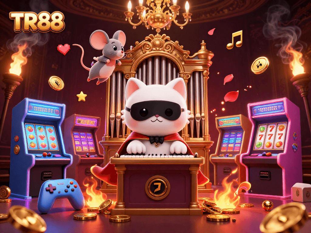 Experience the vibrant gameplay of TR88 with a dynamic casino-themed illustration showcasing various elements.