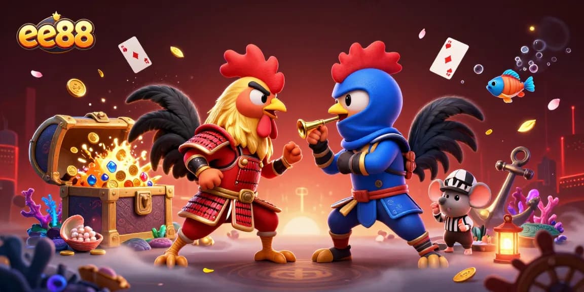 Experience dynamic ee88 gaming action with fighting roosters in vibrant 3D illustration.