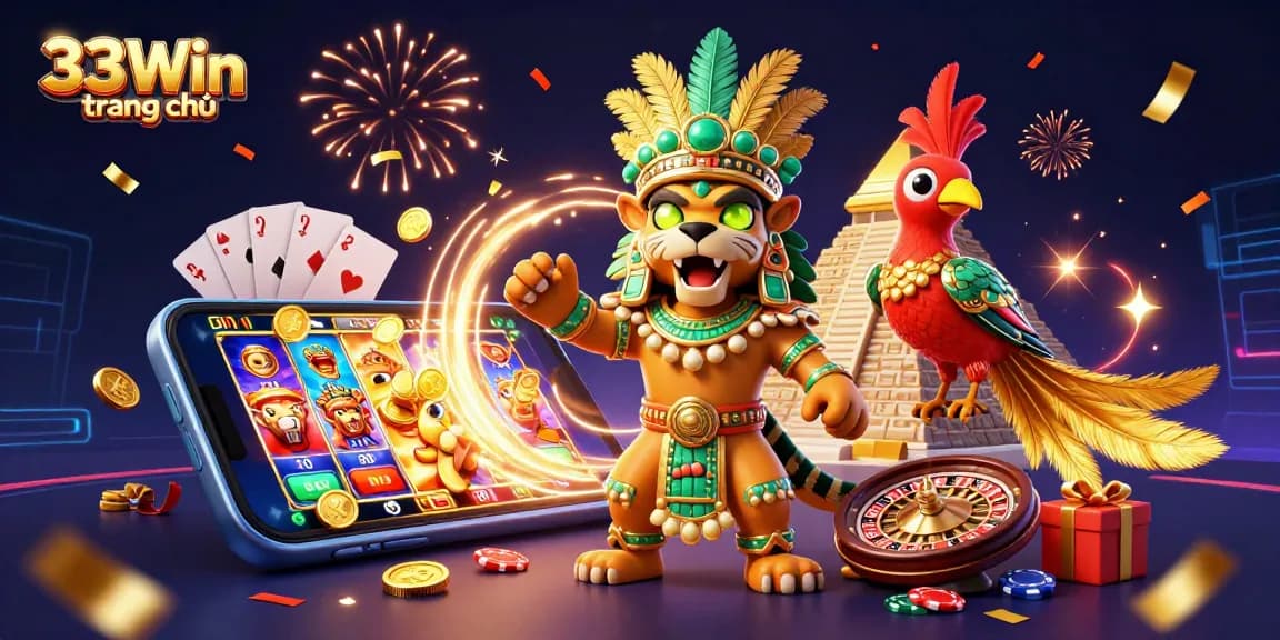 Engage with 33Win trang chủ in a dynamic casino scene featuring slots, cards, and festive confetti.