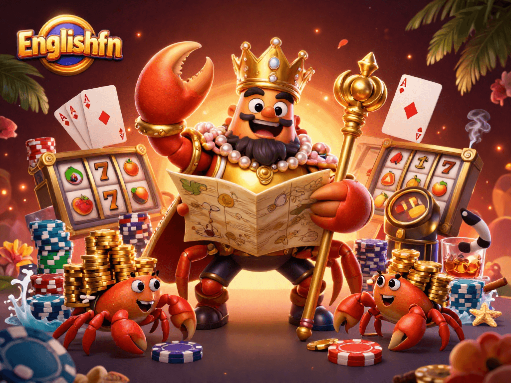 Experience thrilling gameplay with englishfn's golden crab emperor among vibrant slot machine symbols