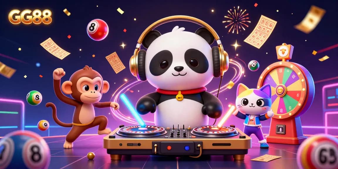 Engage with the vibrant world of GG88 as the DJ panda spins roulette wheels while surrounded by lively lottery elements.