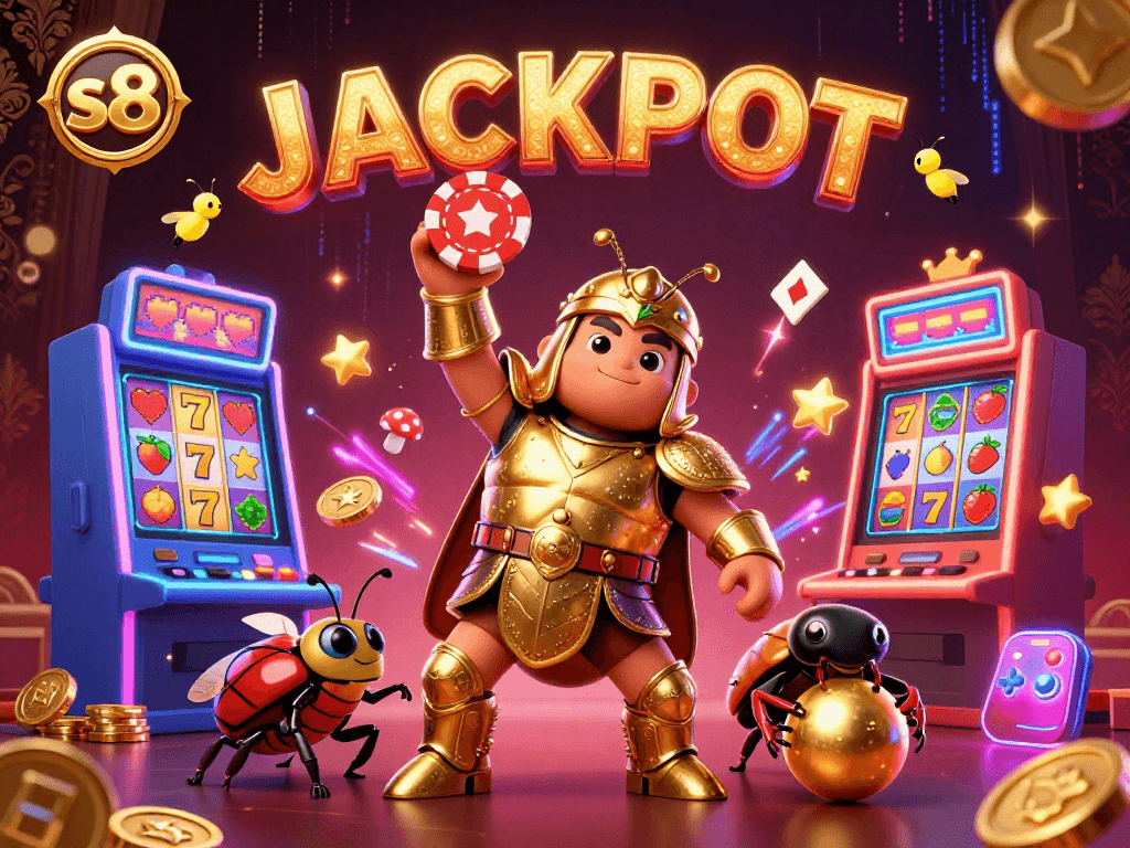 Engage in exciting gaming moments at S8 with this vibrant jackpot scene featuring colorful slot machines.