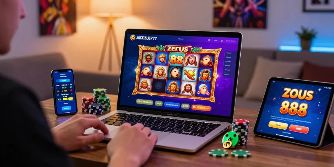 Player enjoying APIZEUS777 Zeus Slot 88 gaming experience with vibrant graphics, chips, and RTP stats.