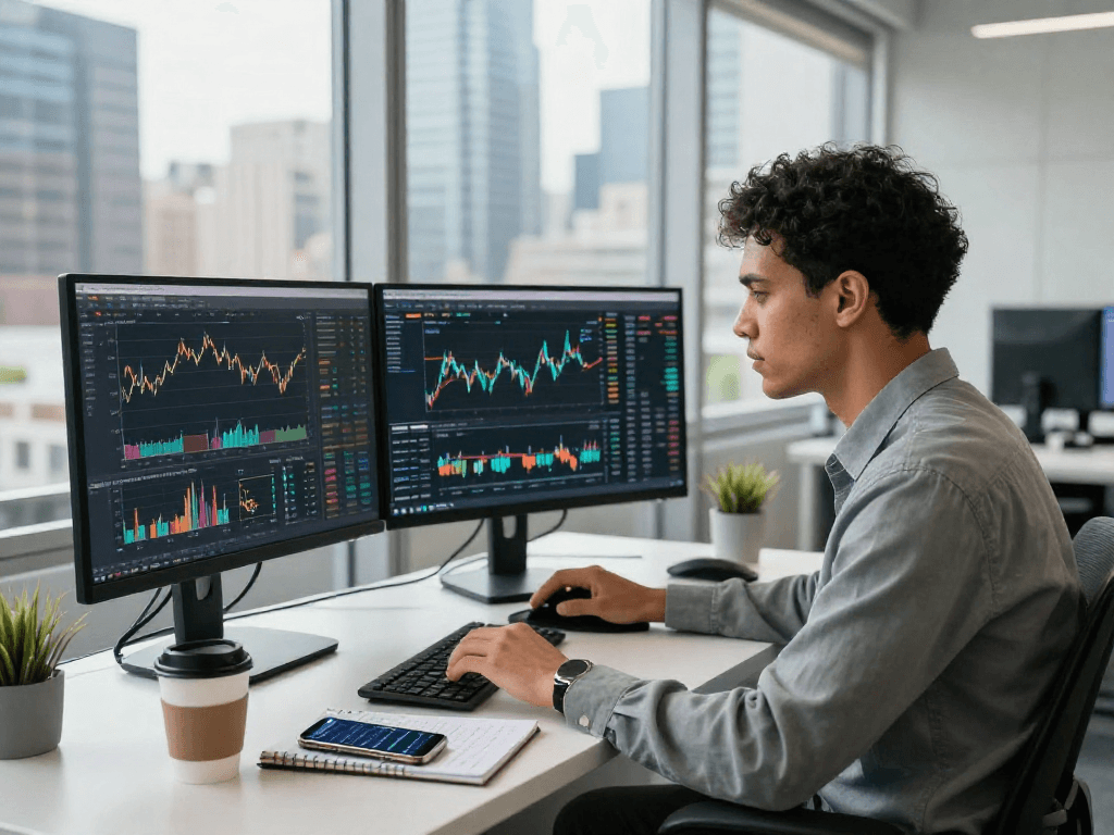 Financial analyst using TradingView on multiple screens in a bright office environment with urban skyline view.