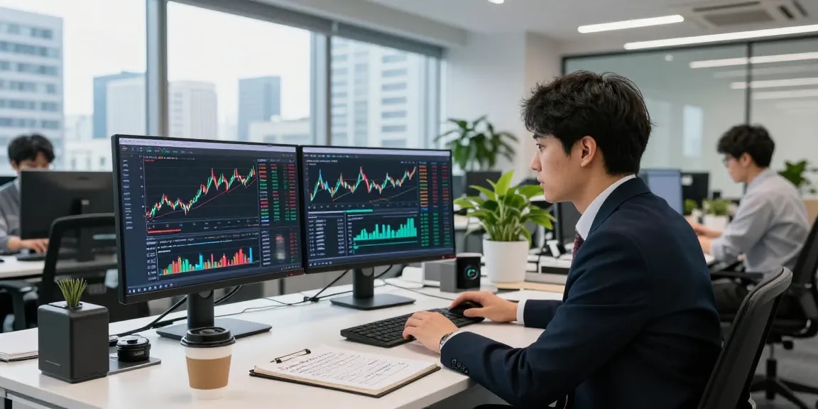 Japan quant stock trading API in a modern fintech office with real-time data.