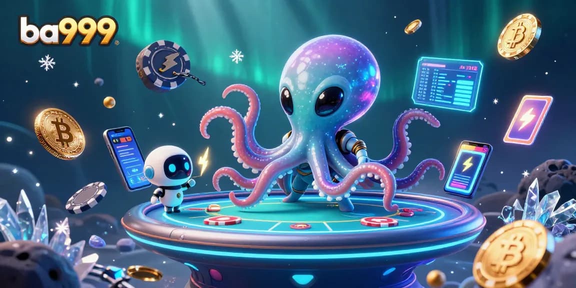 Engage in thrilling gameplay at ba999 with a cosmic octopus and robot at a holographic poker table.