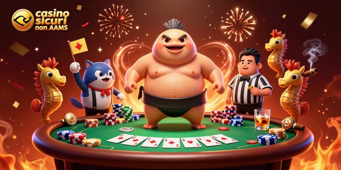 Gioca nei casino sicuri non AAMS con un'immagine vivace di un fugu e un tavolo da poker con fiches colorate.