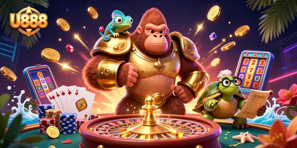 U888 casino scene featuring a powerful gorilla king, colorful poker chips, and a spinning roulette wheel