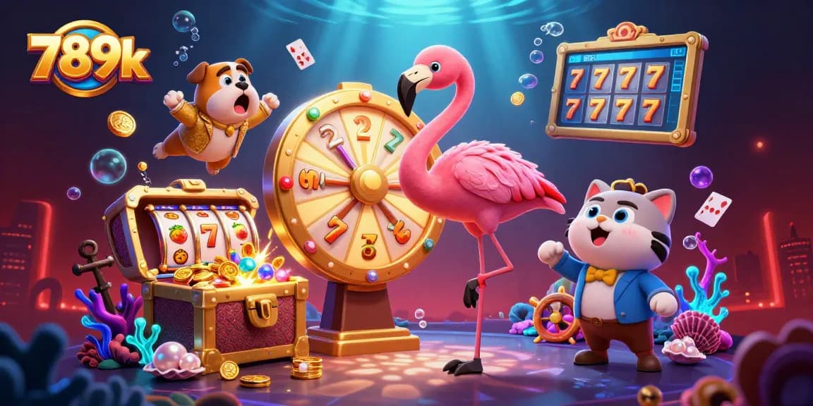 Engage with thrilling 789k casino action featuring a flamingo host, bulldog contestant, and prize wheel