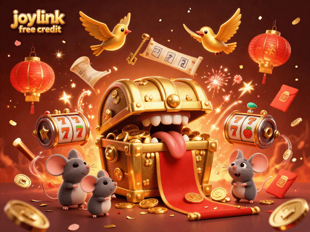 Engage in the excitement of joylink free credit with a vibrant casino scene and animated treasures.