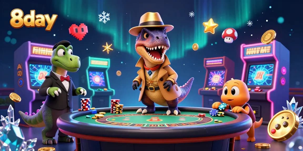 8day velociraptor card counter sneaks at blackjack table in a colorful casino scene
