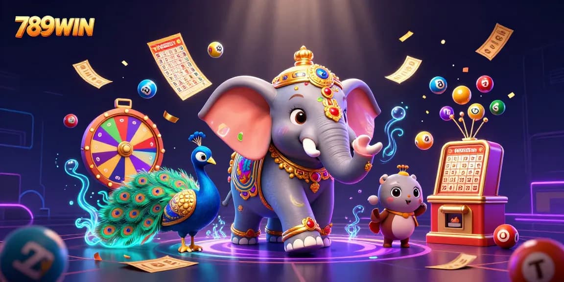 Experience thrilling gaming excitement with 789WIN in a vibrant 3D illustrated scene.