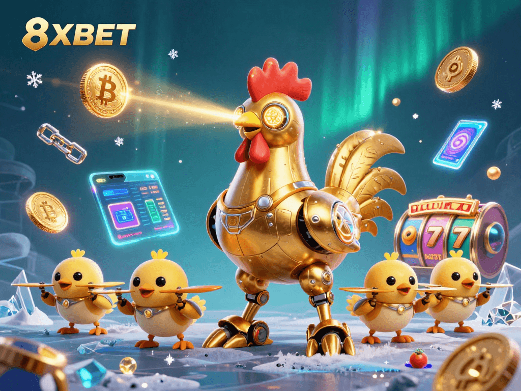 Engage with 8XBET's thrilling casino experience featuring a unique golden rooster robot and vibrant gaming elements.