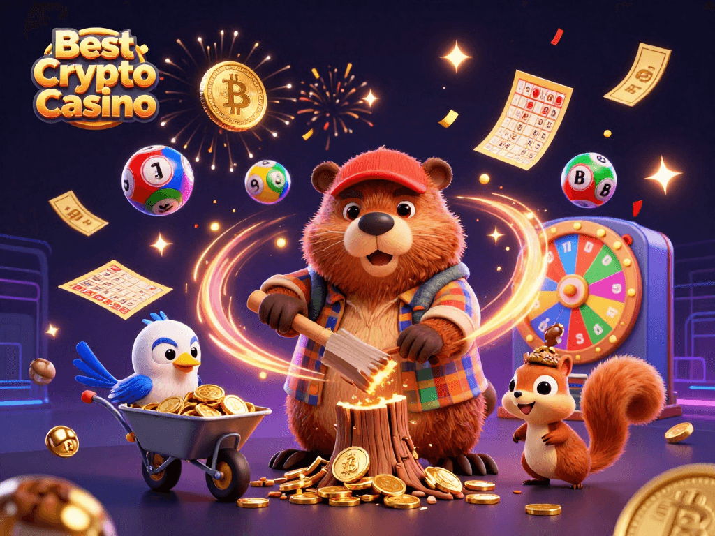 Engage with the Best Crypto Casino featuring vibrant characters and casino elements in a dynamic 3D scene.
