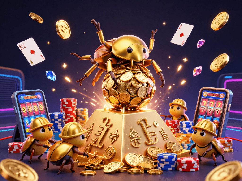 Spinning slot machine reels featuring lucky sevens among cascading golden coins in a vibrant casino illustration.