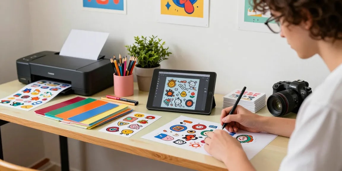 Artist designing custom stickers in a vibrant workspace filled with art supplies.