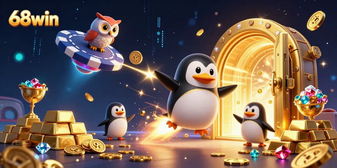 Experience gaming excitement with 68win's vibrant casino atmosphere and captivating golden penguin adventure.