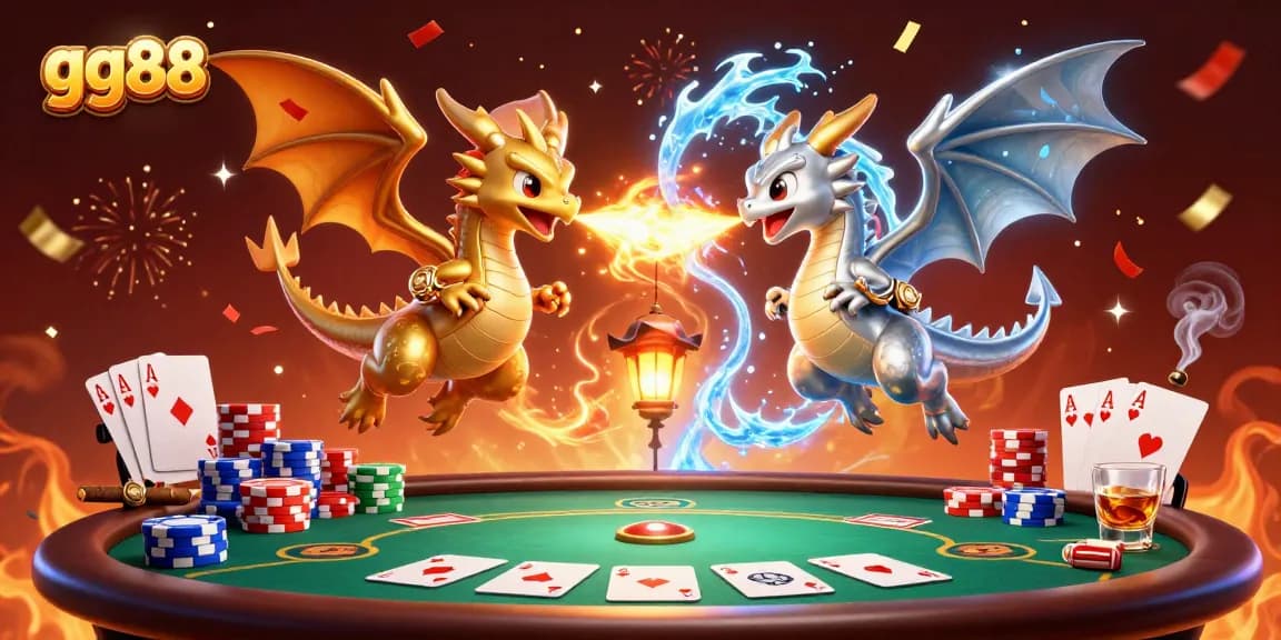 Experience thrilling gameplay with gg88 as twin dragons create an epic scene amidst poker and casino elements.